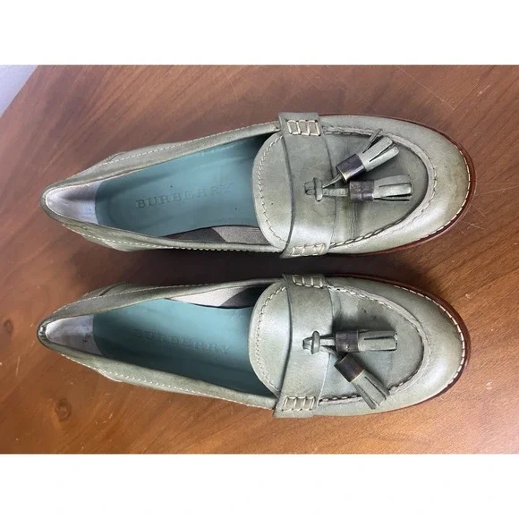 BURBERRY WOMENS LEATHER LOAFERS Green Tassel SHOES EU 36.5 ITALY - Picture 7 of 17
